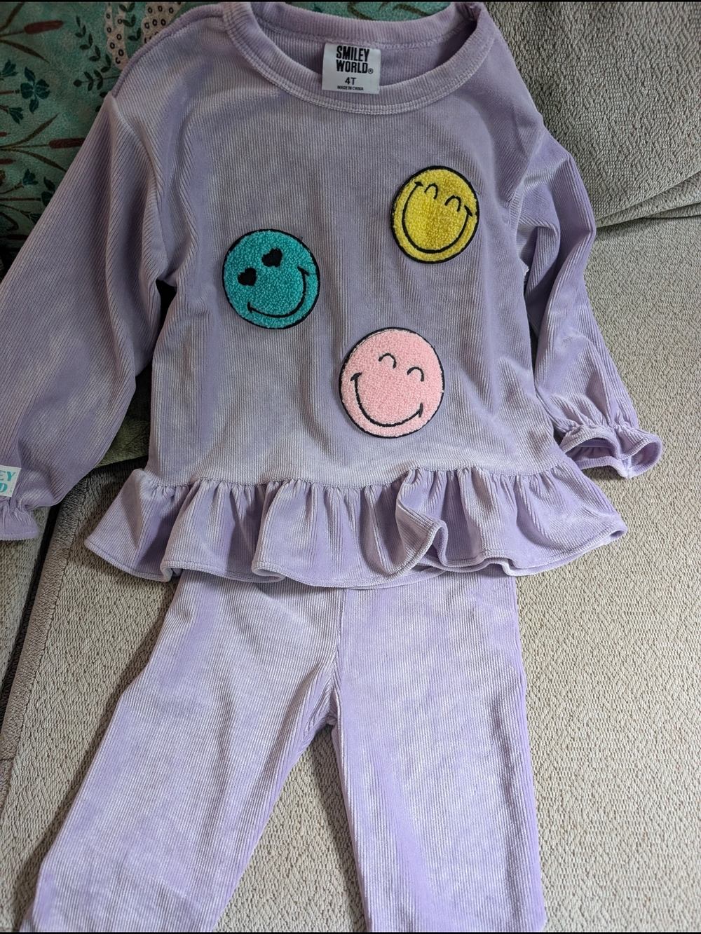 Smiley World Lavender Top & Leggings Set with Colorful Smiley Patches